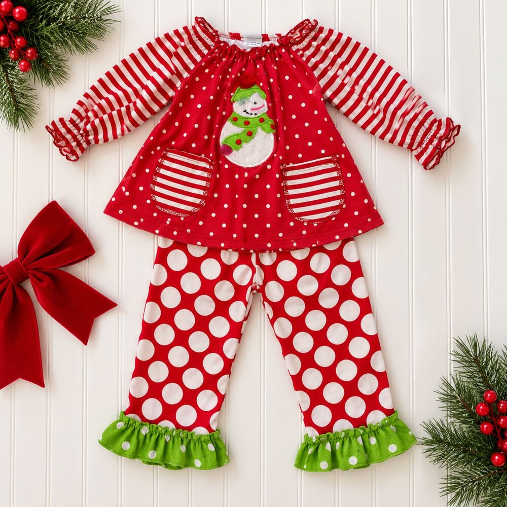 Peaches n Cream Girls Christmas Snowman Applique Tunic Ruffle Pants Set 18M